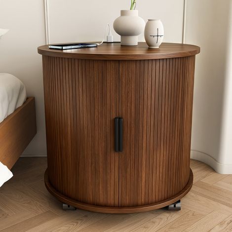 Table de chevet cylindrique style années 50 avec station de charge (prise secteur + 2 ports USB), porte inclinée et espace de rangement - sur roulettes pour chambre ou salon - finition noyer, dimensio (1/4)