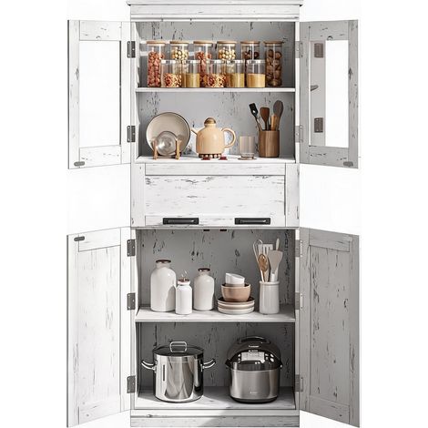 Armoire haute salle de bain 170 cm indépendante – 4 portes vitrées, tiroir, étagères réglables – Rangement multi-pièces, blanc antique, double rangée (1/5)
