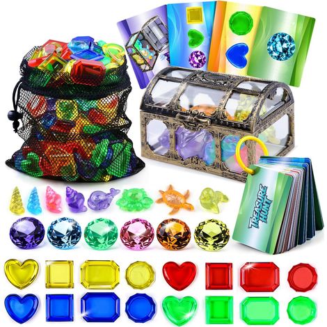 Diving Toy for Kids, 109 Pieces Swimming Pool for Underwater Treasure Hunting, 60 Sinking Gems, 8 Sea Animals, 1 Pirate Treasure Chest, 38 Waterproof Cards (1/5)