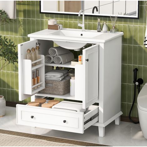 Meuble vasque 76x46x87 cm en MDF et céramique blanc, avec rangement pour salle de bain FloraGrace (1/5)