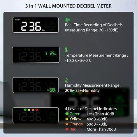 [French Days] Professioneller Schallpegelmesser (30–130 dB) mit 11-Zoll-LCD-Display, Anzeige von Dezibel, Temperatur und Luftfeuchtigkeit, Alarmfunktion und USB-Kabel für Zuhause, Büro, Schule, Bar un (1/5)