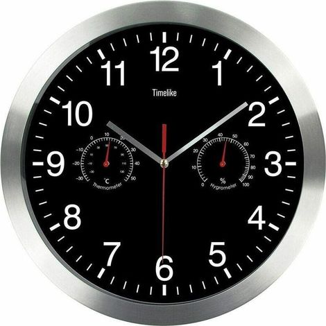 Horloge murale ronde à quartz avec thermomètre et hygromètre pour salon cuisine bureau (noir) (1/5)