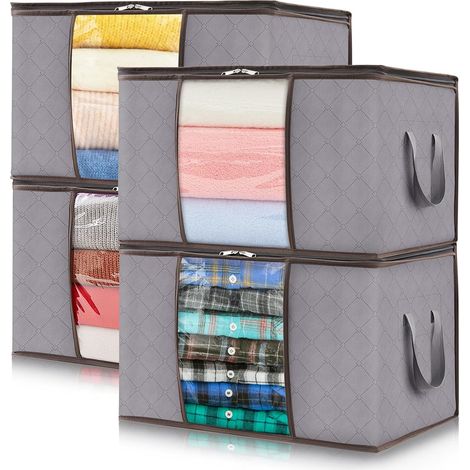 Sac Rangement Vetement, Boite Rangement Pliable avec Poignées Renforcées, Housse Rangement Couette, Caisse Rangement Sous Lit pour Vêtements, Couvertures, Jouets, Gris Clair, 50 L, Lot de 4 (1/5)