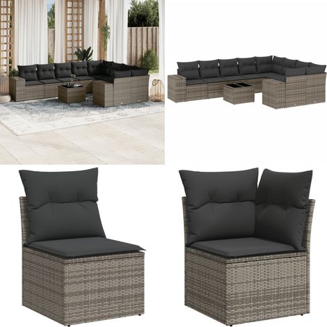 10-tlg. Garten-Sofagarnitur mit Kissen Grau Poly Rattan - Gartenmöbel - Esstischgarnitur - Rattan Möbel - Outdoor Set - Lounge Set - Home & Living