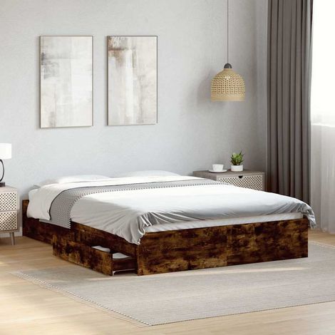 Cama con cajones madera de ingeniería roble ahumado 140x200 cm (1/5)