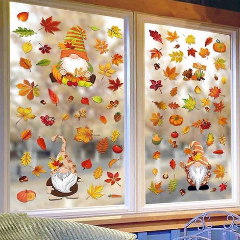 6 feuilles d'autocollants muraux électrostatiques « Gnomes de Thanksgiving d'automne » avec citrouille et feuille d'érable (1/4)