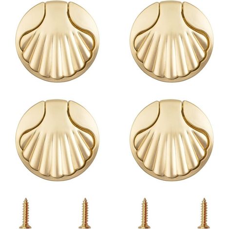 Pack of 4 drawer handles, shell-shaped handles, pull ring handle for drawers with screws, furniture handle for cabinets, dressers - brushed gold
