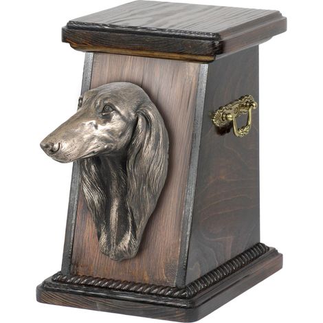 Urne funéraire élégante pour lévrier persan (Saluki) ornée d'une statuette, signée Art-Dog. (1/5)