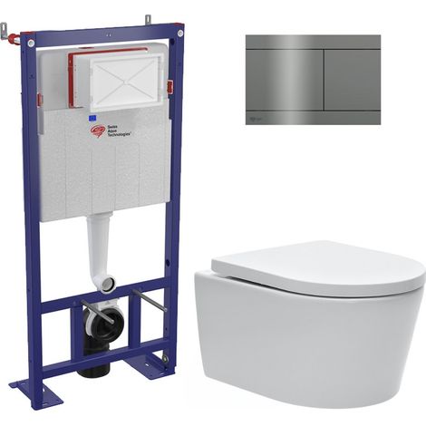 Swiss Aqua Technologies Pack WC bâti-autoportant + WC SAT sans bride + Abattant softclose + plaque en acier inoxydable, revêtement PVD, Gun Metal
