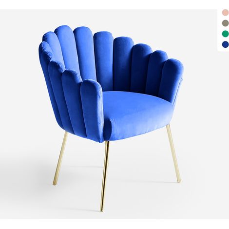 Sedia poltrona a conchiglia design moderno velluto gambe dorate Calicis - Blu