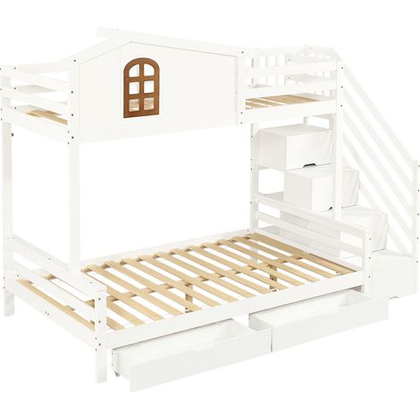 Etagenbett Kinder mit Ecktreppe, 2 Schubladen, Fenstern, 90x200/120x200 cm (1/5)