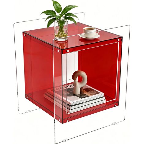 Clear Acrylic Nightstand Colorful Bedside Side End Table with Open Storage Shelf, Red