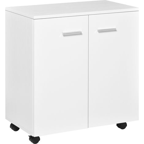 Mobile contenitore basso su ruote con 2 ante e ripiano interno per soggiorno, camera da letto, ufficio, 60 x 35 x 65 cm, bianco