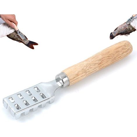 Brosse à écailles de poisson - Écailleur en acier inoxydable - Écailleur avec manche en chêne - Argenté - Grattoir à écailles en acier inoxydable - Écailleur - Enlève rapidement la peau du poisson - A (1/5)