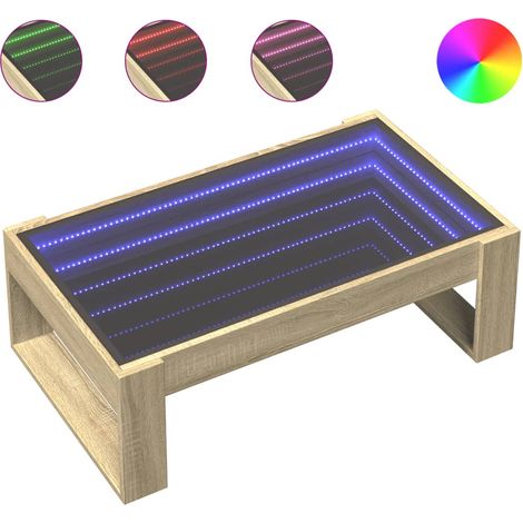 Mesa de centro de salón de diseño moderno con LED 90 x 53 x 30 cm madera de ingeniería color roble y cristal DEC037493