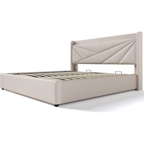 Lit simple capitonné avec tête de lit rechargeable par USB Type C, tissu lin, avec sommier à lattes (sans matelas) - 180x20 cm (1/5)