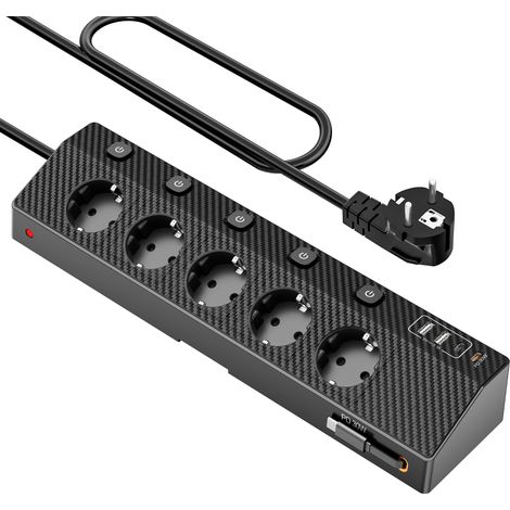 Multiprise de table avec 2 ports USB C (PD 30 W) - Multiprise 5 prises avec interrupteur - Multiprise avec USB - 4000 W/16 A - Avec câble de 2 m - Pour la maison, le bureau et les voyages - Noir - 2 m (1/5)