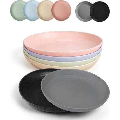 Lot de 6 assiettes en plastique réutilisables de 23 cm, incassables, faciles à empiler pour fête, pique-nique, extérieur, maison (1/5)