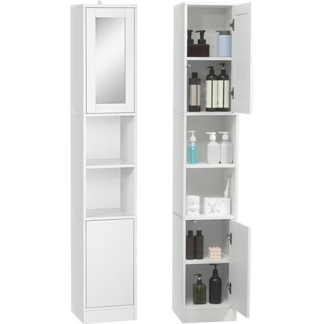 Colonne de salle de bain en bois gain de place avec miroir et ouverture par simple pression, 30 x 28 x 170 cm, blanche