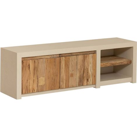 Meuble TV 2 portes et 1 étagère effet béton et bois recyclé Dalva (1/5)