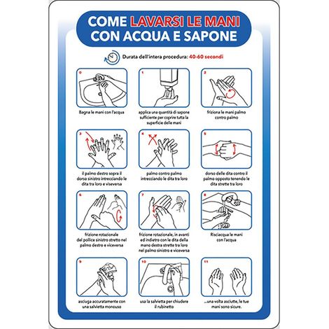 Cartello segnaletico "Come Lavarsi le Mani con Acqua e Sapone" realizzato in alluminio 20 x 30 cm
