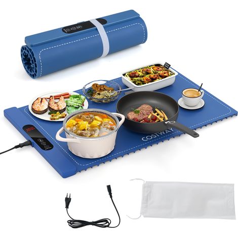 Chauffe Plat Électrique Pliable pour Aliments, Tapis Chauffant avec Température et Minuterie Réglables, Plateau Chauffant en Silicone Enroulable, Bleu (1/5)