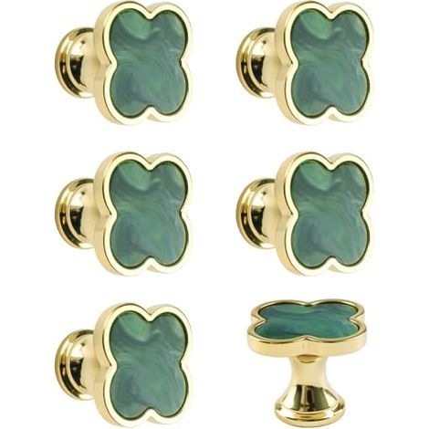 6 PCS Poignée Trèfle à Quatre Feuilles, Boutons Créatifs pour Tiroir de Placard Multifonctionnels à Trou Unique en Alliage de Zinc pour Commode, Armoire, Porte de Meubles/Base Dorée avec (1/4)