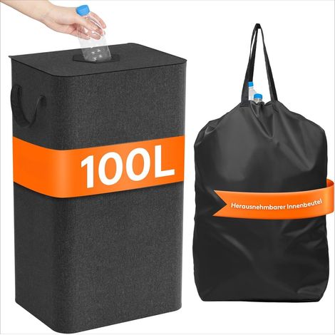 Large Collapsible Laundry Hamper with Lid & Bag, 100L Black (1/5)