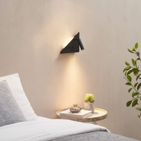 Applique noire triangle LED avec liseuse et angle droit à droite - Elaris Type A