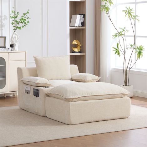 Fauteuil Relax avec Pouf - 113x93x81cm - Chaise Longue Sous Vide Sans Montage Chenille Porte Gobelet Salon Balcon - Beige (1/5)