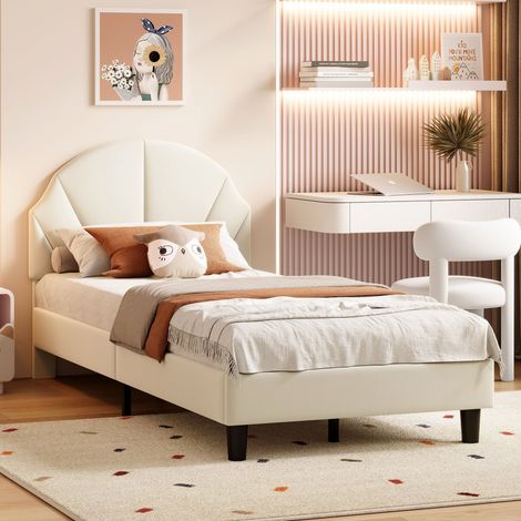 Letto singolo 90x200 cm con testiera regolabile in altezza, rete a doghe in legno, letto imbottito per bambini in velluto – Beige