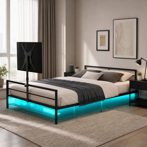 MODFU – Letto gaming con LED regolabile in metallo con supporto monitor orientabile, cesto contenitore, portata 330 lb e altezza da terra 20 cm – Nero (1/5)