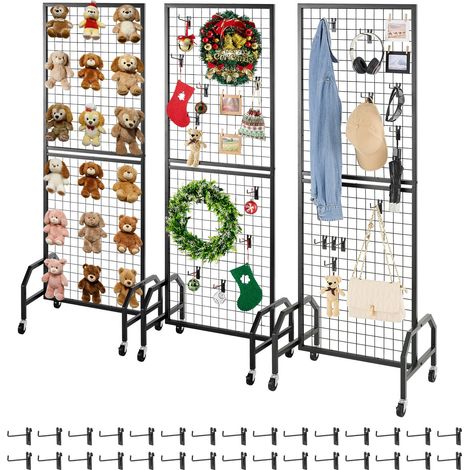 Grille d’Exposition sur Pied 3PCs 60x164 cm, Panneau Grille en Acier Carbone, Présentoir Grillagé Mobile avec Roulettes et 30 Crochets, pour Affichage Présentation Photo Mémo Décoration (1/5)