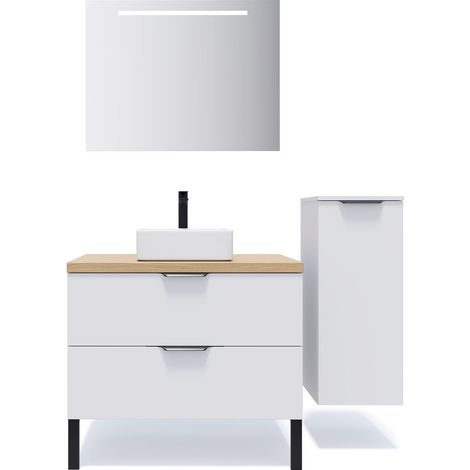 Meuble de salle de bain suspendu vasque à poser 90cm 2 tiroirs Blanc + miroir + colonne ouverture droite - Soho (1/5)
