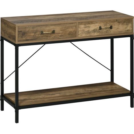 Table console industrielle avec 2 tiroirs et une étagère pour entrée, pieds en métal marron et noir. (1/5)