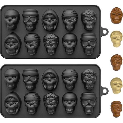 Moule Silicone Halloween, 2Pcs Moules Chocolat Tete de Mort, Moule à Gâteau Crâne, Molde de Cubitos de Hielo Silicona para Bombones 3D, Molde de Fondant, Reposteria Halloween (1/5)