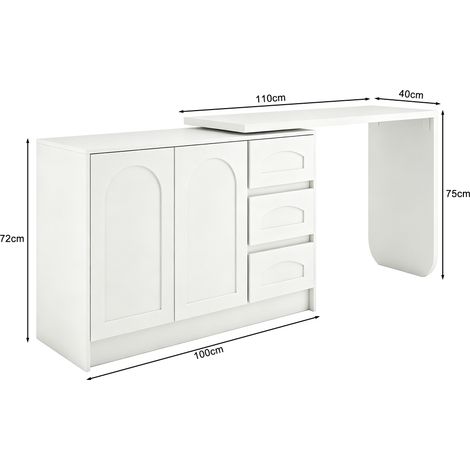 Bureau d'angle en L pivotant 360° blanc 3 tiroirs placard gain de place H 75 / L 110-170 / P 40 cm