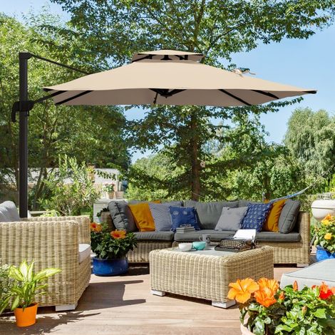 Parasol déporté résistant aux intempéries avec manivelle à une main, 2,94 x 2,94 x 2,7 m, couleur kaki – idéal terrasse, jardin, piscine