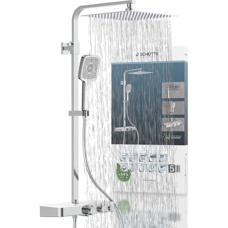 Système Thermostat et étagère en Verre – Set 30 x 30 cm, Effet Pluie avec Support Mural et pommeau Panneau Colonne de Douche en Chrome/Blanc 60530 (1/5)