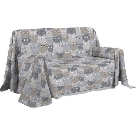 Housse de canapé 250 x 290 cm, Drap Housse 100% Coton Pur, Motif happycat Gris, Drap d'ameublement, protège-canapé ou Couvre-lit d'été 2 Places (1/5)