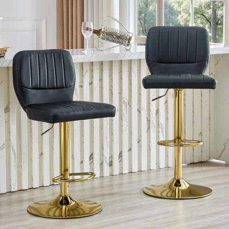 Lot de 2 tabourets de bar pivotants à 360° avec dossier incurvé, réglables en hauteur, cadre doré, similicuir noir (1/5)