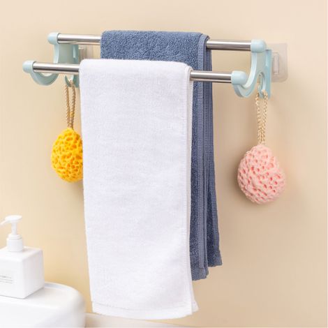 Porte-serviettes double sans joint ni perçage pour salle de bain et cuisine, barre porte-serviettes en plastique et acier inoxydable, vert. (1/5)