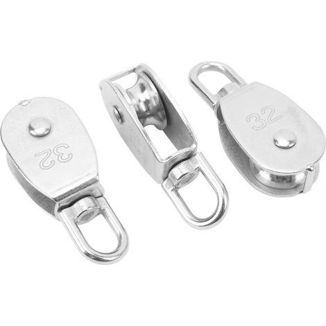 Lot de 3 poulies pivotantes en acier inoxydable M32, capacité de 250 kg, pour le camping et la randonnée. (1/5)
