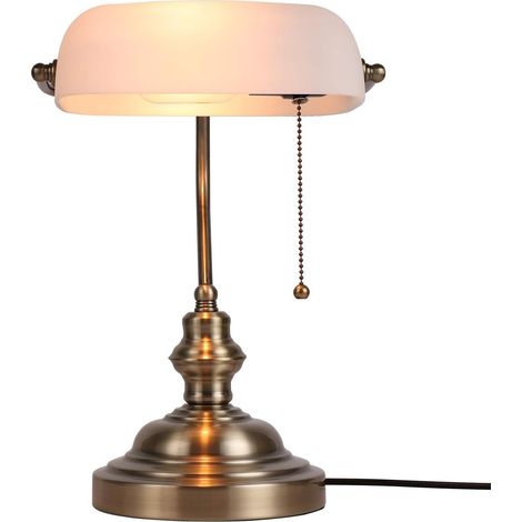 Lampada da scrivania in vetro bianco Bankers con interruttore a catena, apparecchio di illuminazione