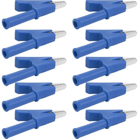 Lot de 10 pinces crocodiles de test, ouverture de 10 mm, courant de 10 A, avec un jeu d'accessoires de douille de 4 mm, bleu. (1/5)
