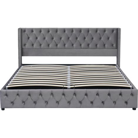 Cama canapé tapizada Chesterfield de terciopelo gris 180x200 cm con somier (1/5)