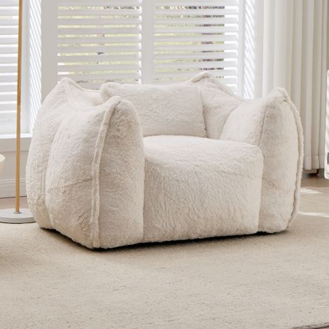 Pouf géant avec coussin, grand pouf confortable pour adultes et enfants, canapé de sol en fausse fourrure pour salon, chambre ou appartement, beige, livraison sur place (1/5)