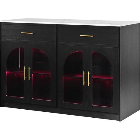 Îlot de Cuisine avec 2 Tiroirs, 2 Étagères Réglables et LED, Portes Vitrées, en MDF, 135 x 55 x 91 cm, Noir (1/5)
