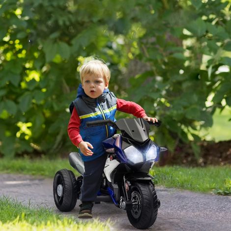 Moto électrique pour enfants, lumières et sons, 3 km/h, rechargeable, plastique et métal, bleu et blanc (1/4)