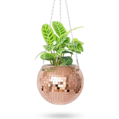 1 Pot de fleurs boule disco, Support en bois, Corde macramé coton, Plastique et verre, Décoration intérieur extérieur